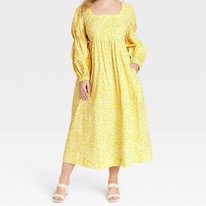 Who What Wear| Citrus Leopard Long Balloon Sleeves Yellow Maxi Dress NWT| Sz M